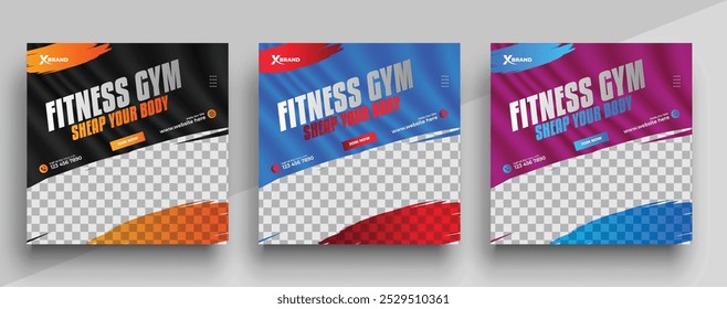 Gym And Fitness Sports Social Media Post Banner Set Template, Modern Sports Gym , Fitness Social Media Post Banner For Promotion, Vector
