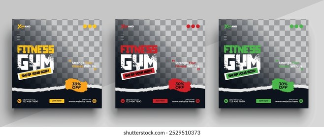 Gym And Fitness Sports Social Media Post Banner Set Template, Modern Sports Gym , Fitness Social Media Post Banner For Promotion, Vector
