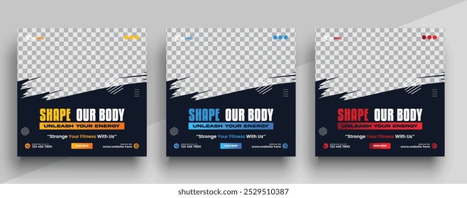 Gym And Fitness Sports Social Media Post Banner Set Template, Modern Sports Gym , Fitness Social Media Post Banner For Promotion, Vector
