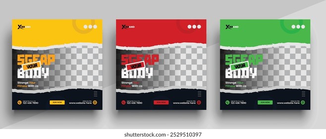 Gym And Fitness Sports Social Media Post Banner Set Template, Modern Sports Gym , Fitness Social Media Post Banner For Promotion, Vector
