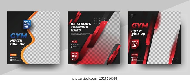 Gym And Fitness Sports Social Media Post Banner Set Template, Modern Sports Gym , Fitness Social Media Post Banner For Promotion, Vector
