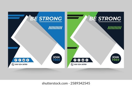 Gym and fitness strong social media banner template, green black and blue 