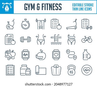 Gym and Fitness thin line icons. Sport exercises and training outline icon set. Editable stroke icons.