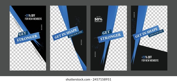 gym and fitness training promotion social media instagram stories collection template, gym, sports, yoga, fitness, workout web banner square background vector. 