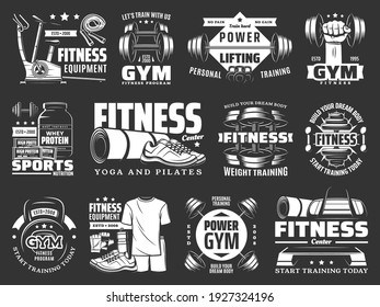 Entrenamiento de gimnasia, íconos de la tienda de equipamiento deportivo. Proteína de nutrición deportiva, centro de yoga y pilates, entrenamiento de energía y peso, insignia de tienda de ropa de fitness. Vectores de timbre, barbacoa y bicicleta estática