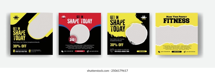 Gym and fitness training workout square flyer or poster and web banner design, promotional social media post banner set template design