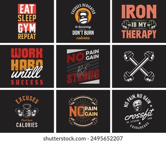 Gym, fitness,  T-shirt Design Vector Graphics bundle.