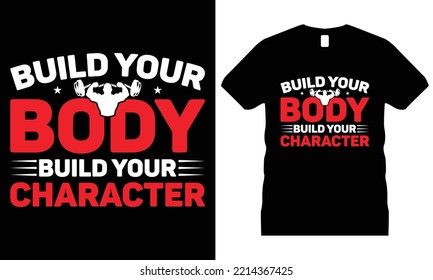 Gym or Fitness typography t-shirt Design Vector. Bodybuilder, dumbbell, motivation, barbell, 