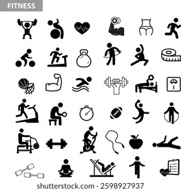 Gym and fitness vector icon, silhouette set