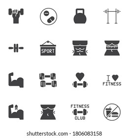 Gym and fitness vector icons set, sport equipment modern solid symbol collection, filled style pictogram pack. Signs, logo illustration. Set includes icons as barbell, torso muscles, dumbbells