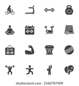 Gym and Fitness vector icons set, modern solid symbol collection, filled style pictogram pack. Signs, logo illustration. Set includes icons as swimming pool sport, yoga training, dumbbell, barbell