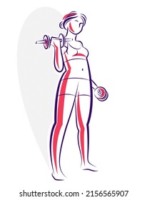 Gym And Fitness Vector Illustration Of A Young Attractive Woman Doing Workout Exercises, Perfect Muscular Athletic Body Young Adult Girl Sport Training.