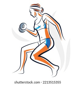 Gym And Fitness Vector Illustration Of A Young Attractive Woman Doing Workout Exercises, Perfect Muscular Athletic Body Young Adult Girl Sport Training.