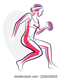 Gym and fitness vector illustration of a young attractive woman doing workout exercises, perfect muscular athletic body young adult girl sport training.