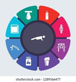 gym and fitness vector template for infographics. Business concept with 9 options, steps, parts, segments. Banner infographic cycling diagram, round chart, Push up, Punching ball icons
