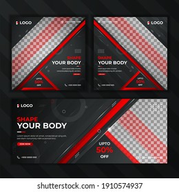 Gym and fitness web banner with black and red color shapes