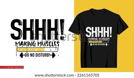 Gym fitness workout bodybuilding concept. Making muscles slogan text, loading bar and dumbbell drawing.
