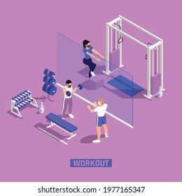 Gym fitness workout centra corona pandemic precautions clear plastic barriers people wearing masks isometric compositions vector illustration