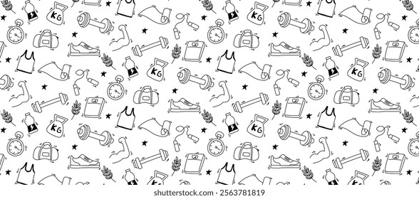 gym fitness workout doodle hand drawing seamless pattern background cute, monochrome, sport healthy heavy weight lifting