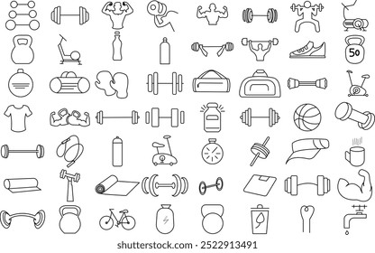 Conjunto de iconos de equipos de gimnasio, fitness y entrenamiento para logotipo. Contiene entrenamiento con pesas, cuidado del cuerpo, culturismo, mancuernas, cinta de correr.