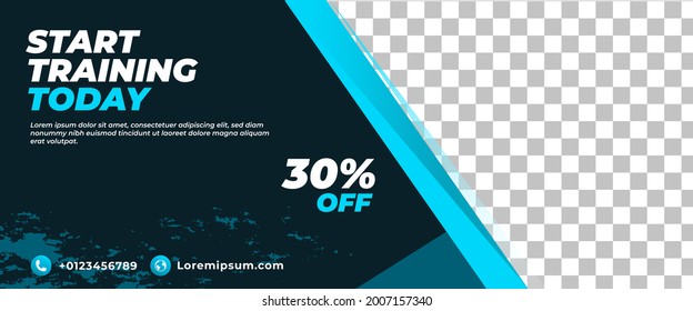 Gym, fitness, workout horizontal banner design. Modern banner with place for the photo.
