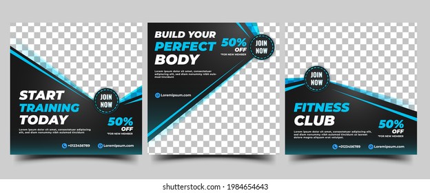 Gym, Fitness, and Workout Social Media Post Template. Editable banner design with place for the photo. Usable for Social media, Banners, and websites.