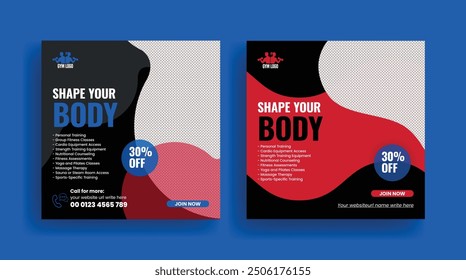 Gym and fitness workout social media post banner or square flyer or poster or website banner template