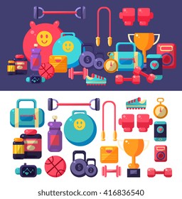 Gym Flat Cartoon Vector Objects Set Presented In Two Setups In Relation To Each Other Above And Isolated Below