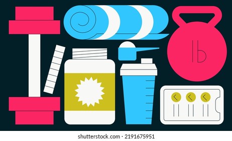 Gym flat illustration. Dumbbell, sport mat, protein powder, shaker and phone with exercise plan. Sport, bodybuilding, active lifestyle, exercising and workout concept. Simple colourful cartoon
