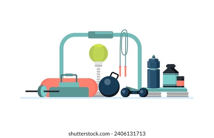 Gym flat style. Kettlebell and punching, bag, fingerboard and bodybuilding, vector illustration