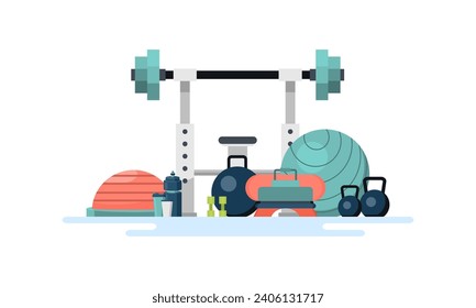 Gym flat style. Kettlebell and punching, bag, fingerboard and bodybuilding, vector illustration
