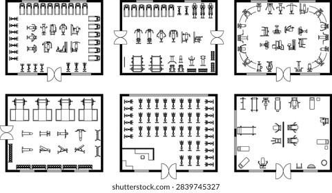 Gym floor plan layout set with fitness equipment icons for interior design and architectural planning