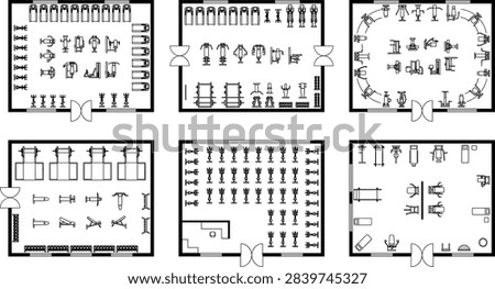 Gym floor plan layout set with fitness equipment icons for interior design and architectural planning