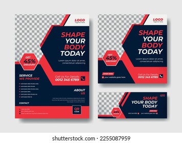 Gym flyer design template. Flyer, social media post and facebook cover design template for gym and fitness. Gym poster, banner and flyer template design set