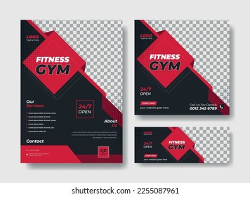 Gym flyer design template. Flyer, social media post and facebook cover design template for gym and fitness. Gym poster, banner and flyer template design set