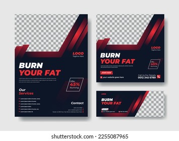 Gym flyer design template. Flyer, social media post and facebook cover design template for gym and fitness. Gym poster, banner and flyer template design set