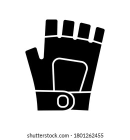 Gym gloves black glyph icon. Professional sportswear for weight lifting exercise. Fitness equipment silhouette symbol on white space. Workout gloves for hands protection vector isolated illustration