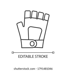 Gym gloves linear icon. Professional sportswear for weight lifting exercise. Fitness equipment thin line customizable illustration. Contour symbol. Vector isolated outline drawing. Editable stroke