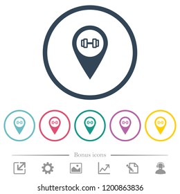 Gym GPS map location flat color icons in round outlines. 6 bonus icons included.