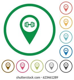 Gym GPS map location flat color icons in round outlines on white background