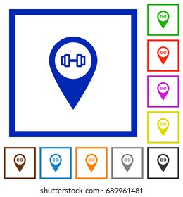 Gym GPS map location flat color icons in square frames on white background