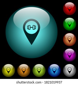 Gym GPS map location icons in color illuminated spherical glass buttons on black background. Can be used to black or dark templates