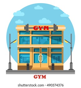 Gym or gymnasium, fitness center architecture building with barbell on top. Construction for pilates and gymnastic, athletics activity and bodybuilding, muscle training or exercise. Good sport theme