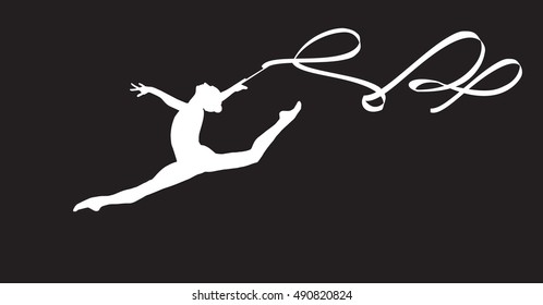 Gym. Gymnastic. Gymnast girl silhouette with ribbon jumping, doing split leap in the air, isolated on black. Gymnastic element, athletic, sport. Young gymnast woman with ribbon. Banner clip art Vector