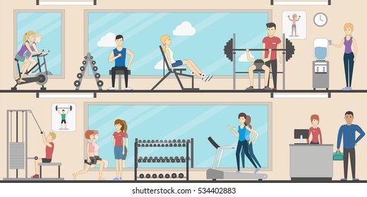 Conjunto de sala de ginástica. Fitness e levantamento de pesos. Estilo de vida saudável. Pessoas aptas e esportivas.