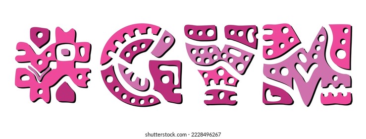 GYM Hashtag. Doodle isolate text. Colored curves decorative doodle letters. Folk artwork style. Hashtag #GYM for physical education, print, booklet, banner, flyer. Stock vector.
