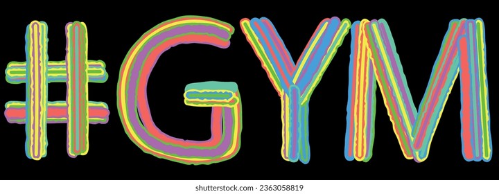 GYM Hashtag. Isolate neon doodle lettering text from multi-colored curved neon lines like from a felt-tip pen, pensil. Hashtag GYM for banner, t-shirts, physical education, typography, web resources