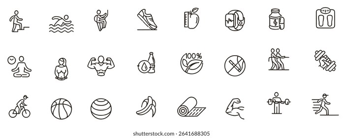 gym health club bodybuilding heartbeat swimming cycling editable outline icon set