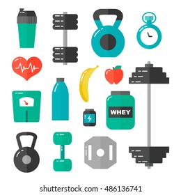 Gym, healthcare, workout, accessories and sport flat modern style design illustration icon set. Isolated on white background. Gym concept