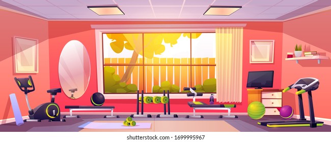 Gym At Home, Empty Room With Sports Fitness Equipment. Domestic Interior With Treadmill, Bench, Barbells And Balls Front Of Wide Window With Jalousie, Yoga Workout Stuff. Cartoon Vector Illustration